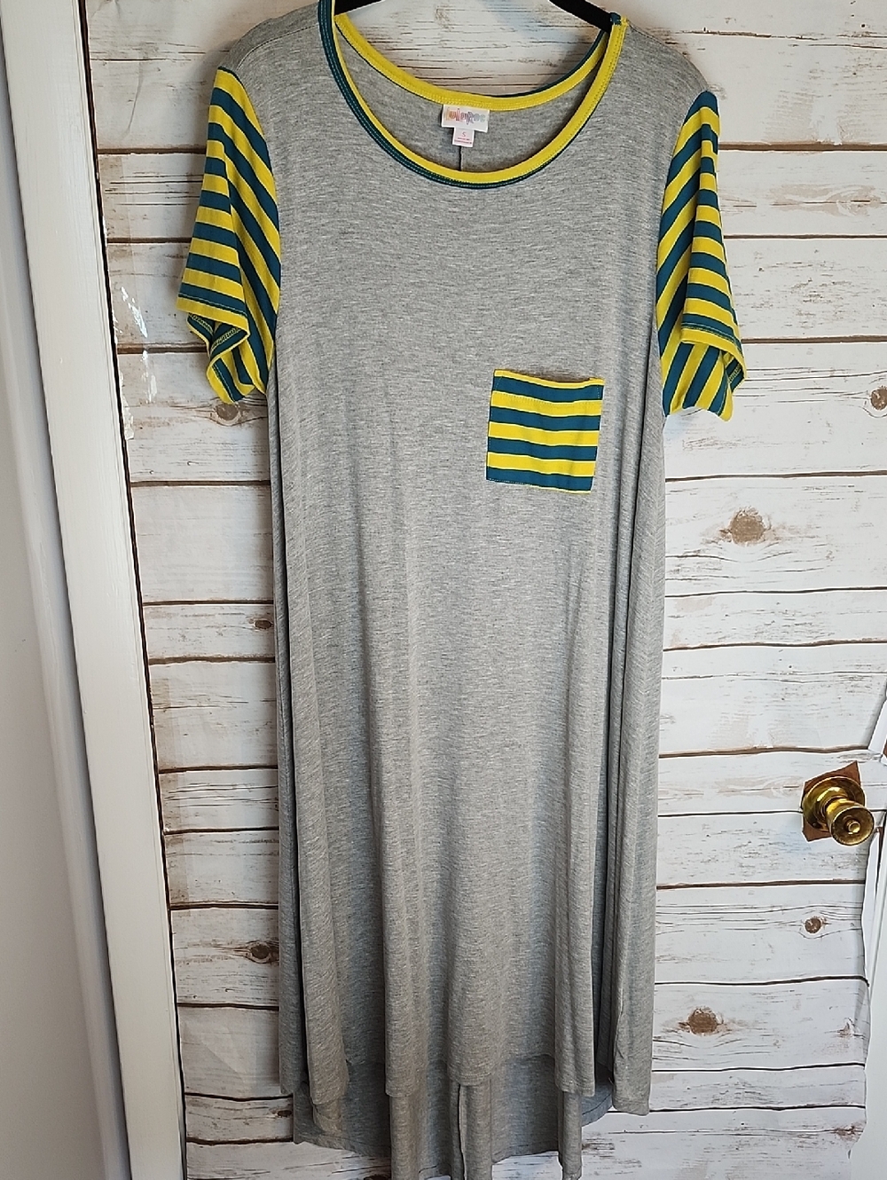 LuLaRoe Gray Carly Dress Small Yellow & Teal